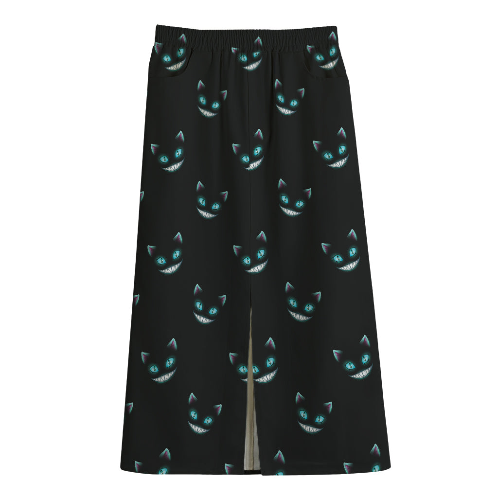 Black Cheshire Cat Pattern Print Cotton Front Slit Maxi Skirt