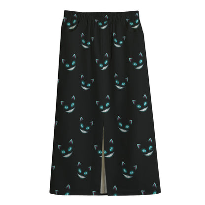 Black Cheshire Cat Pattern Print Cotton Front Slit Maxi Skirt