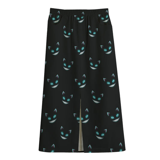 Black Cheshire Cat Pattern Print Cotton Front Slit Maxi Skirt