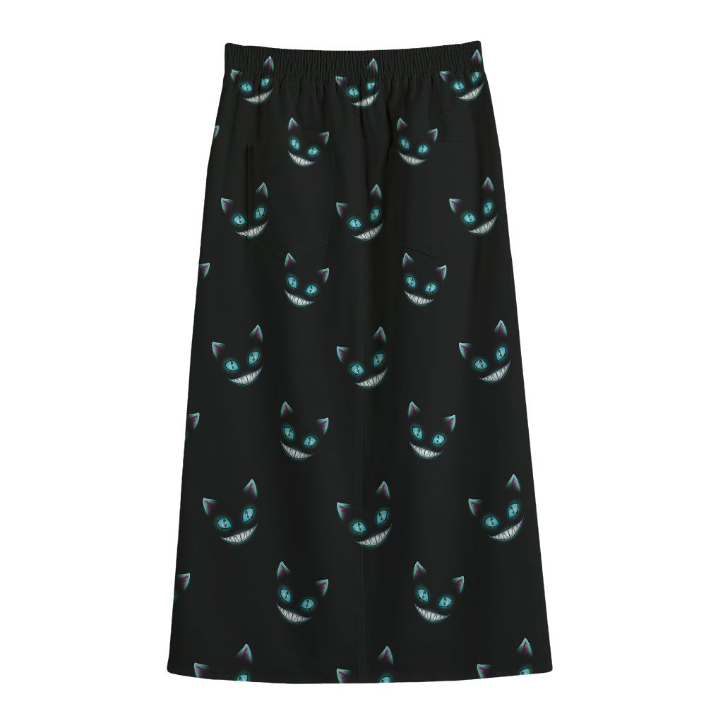 Black Cheshire Cat Pattern Print Cotton Front Slit Maxi Skirt