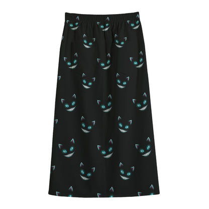 Black Cheshire Cat Pattern Print Cotton Front Slit Maxi Skirt