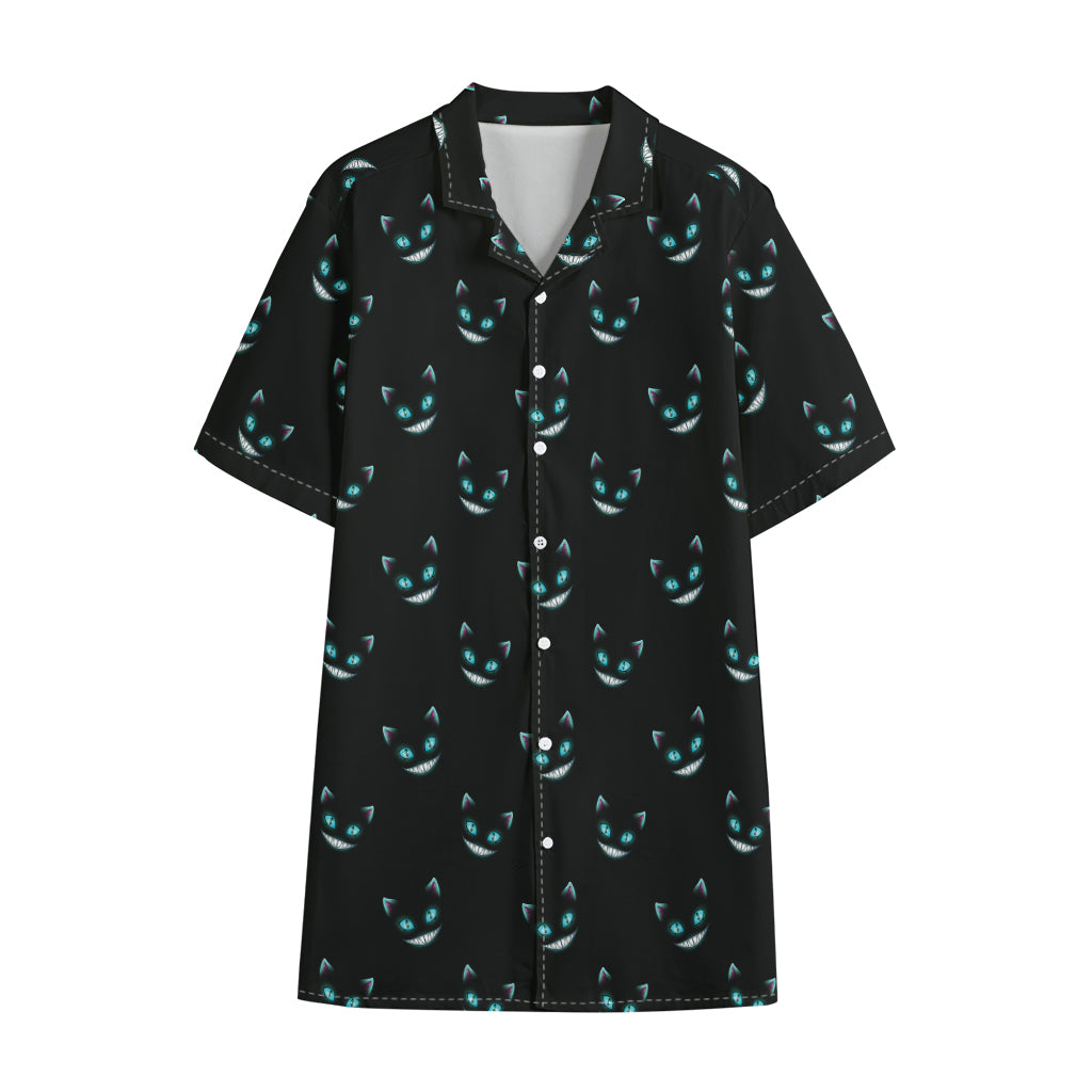 Black Cheshire Cat Pattern Print Cotton Hawaiian Shirt