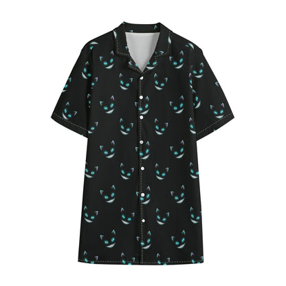 Black Cheshire Cat Pattern Print Cotton Hawaiian Shirt