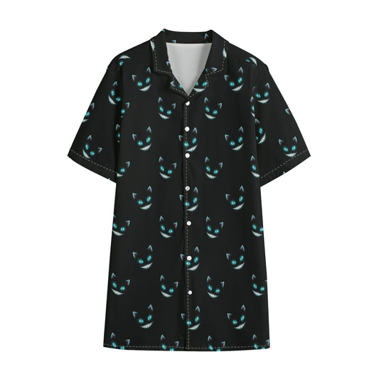 Black Cheshire Cat Pattern Print Cotton Hawaiian Shirt