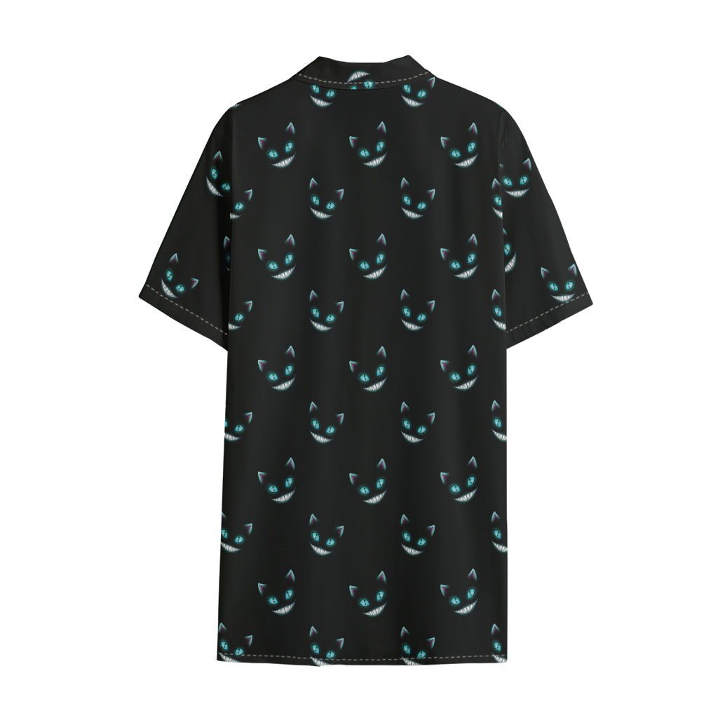 Black Cheshire Cat Pattern Print Cotton Hawaiian Shirt