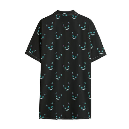 Black Cheshire Cat Pattern Print Cotton Hawaiian Shirt