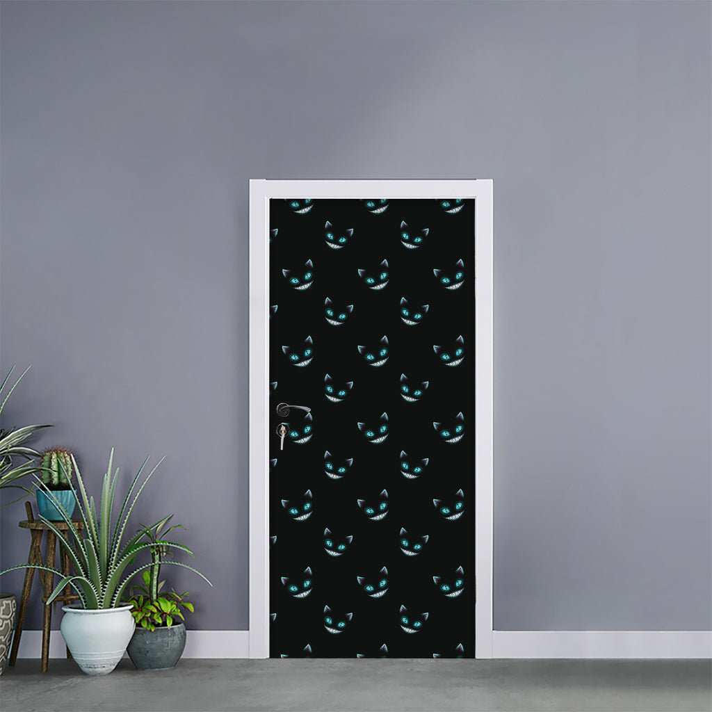 Black Cheshire Cat Pattern Print Door Sticker