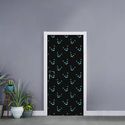 Black Cheshire Cat Pattern Print Door Sticker