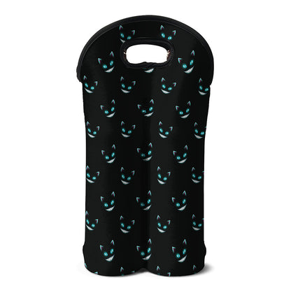 Black Cheshire Cat Pattern Print Double Neoprene Wine Tote