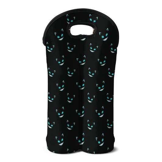 Black Cheshire Cat Pattern Print Double Neoprene Wine Tote