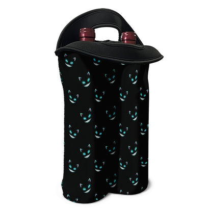 Black Cheshire Cat Pattern Print Double Neoprene Wine Tote