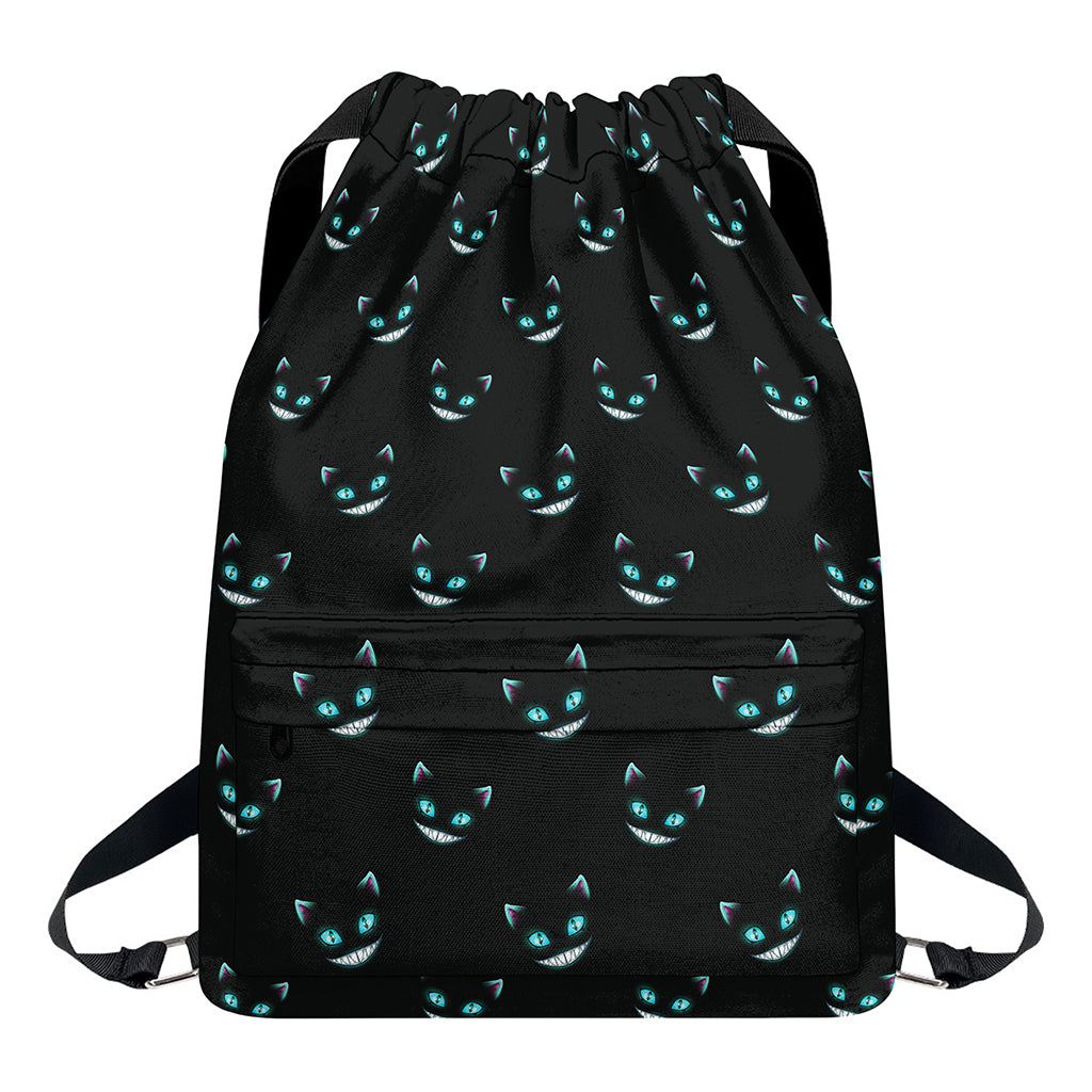 Black Cheshire Cat Pattern Print Drawstring Backpack