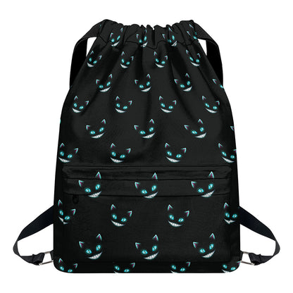 Black Cheshire Cat Pattern Print Drawstring Backpack