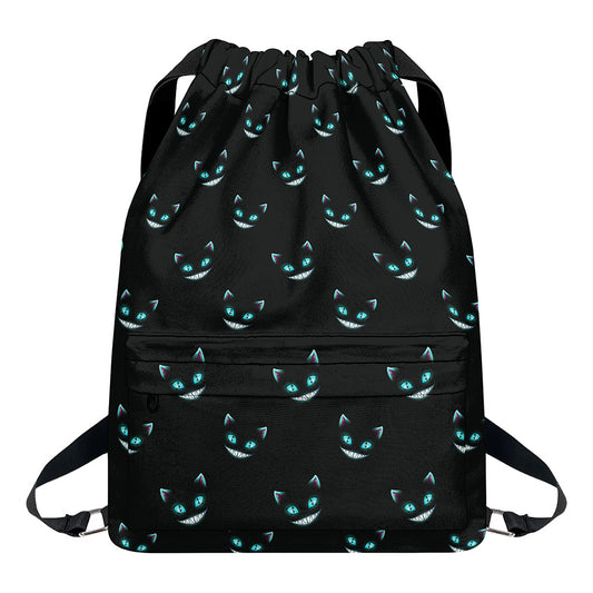 Black Cheshire Cat Pattern Print Drawstring Backpack
