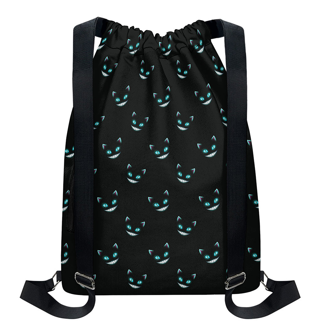 Black Cheshire Cat Pattern Print Drawstring Backpack