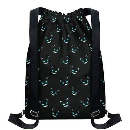 Black Cheshire Cat Pattern Print Drawstring Backpack