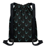 Black Cheshire Cat Pattern Print Drawstring Backpack