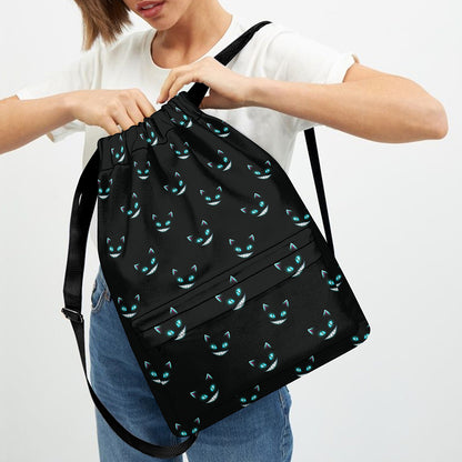 Black Cheshire Cat Pattern Print Drawstring Backpack