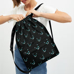 Black Cheshire Cat Pattern Print Drawstring Backpack