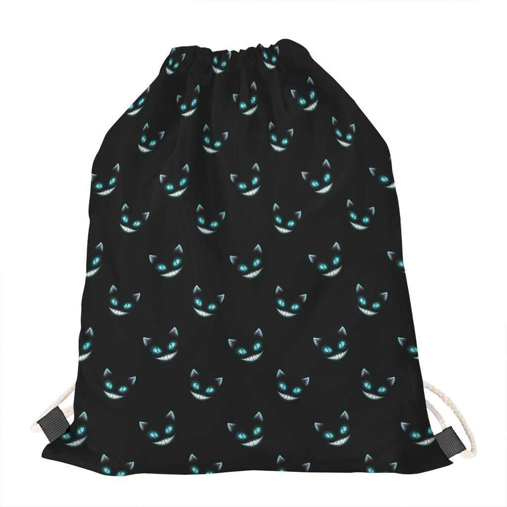 Black Cheshire Cat Pattern Print Drawstring Bag