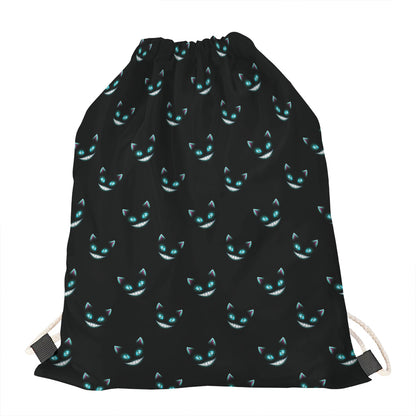 Black Cheshire Cat Pattern Print Drawstring Bag