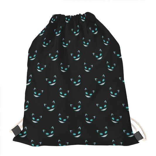 Black Cheshire Cat Pattern Print Drawstring Bag