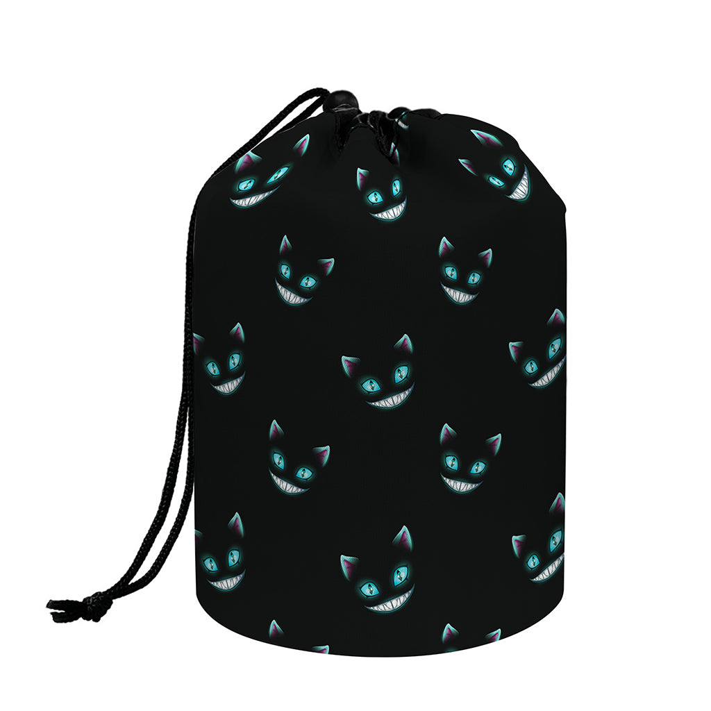 Black Cheshire Cat Pattern Print Drawstring Makeup Bag
