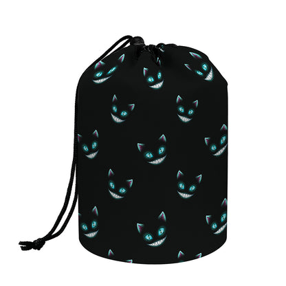 Black Cheshire Cat Pattern Print Drawstring Makeup Bag