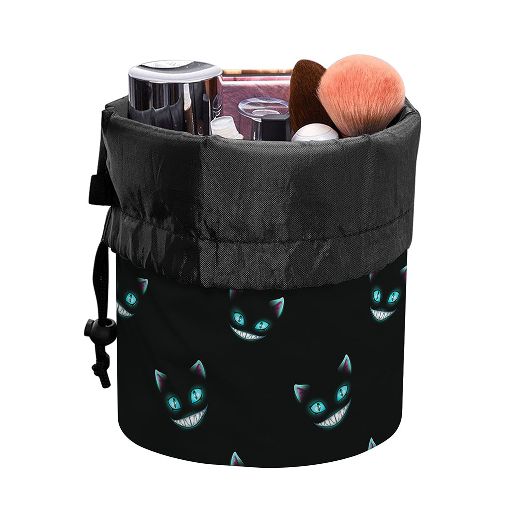 Black Cheshire Cat Pattern Print Drawstring Makeup Bag