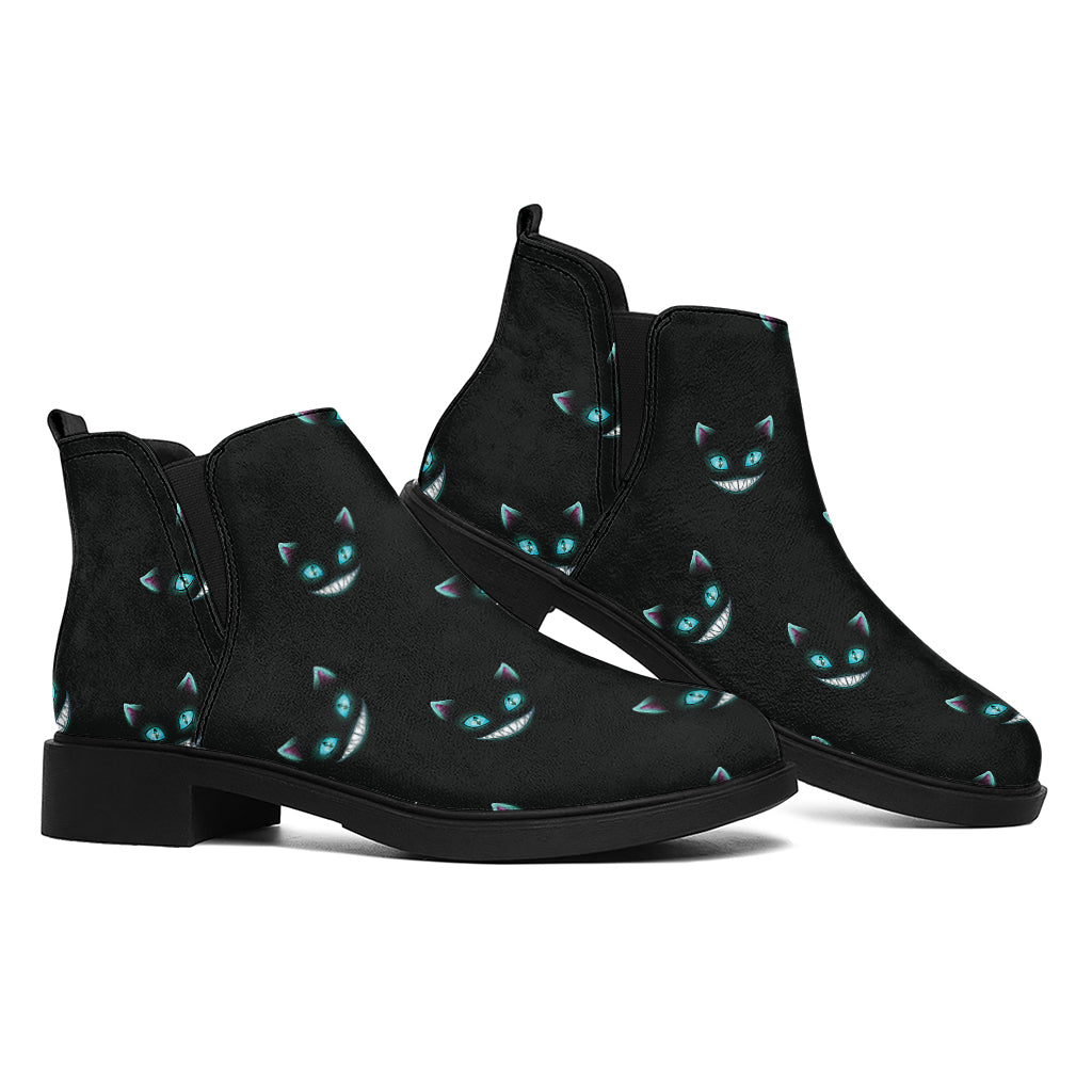 Black Cheshire Cat Pattern Print Flat Ankle Boots