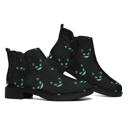 Black Cheshire Cat Pattern Print Flat Ankle Boots