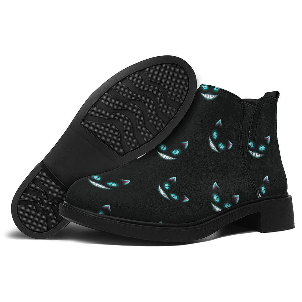 Black Cheshire Cat Pattern Print Flat Ankle Boots
