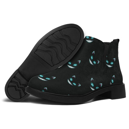 Black Cheshire Cat Pattern Print Flat Ankle Boots