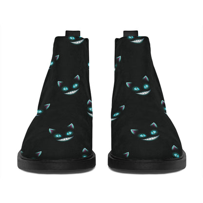Black Cheshire Cat Pattern Print Flat Ankle Boots