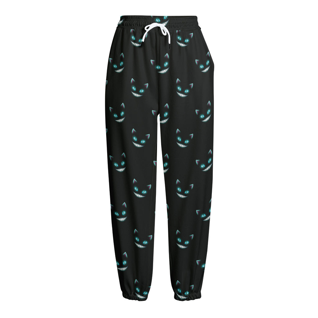 Black Cheshire Cat Pattern Print Fleece Lined Knit Pants