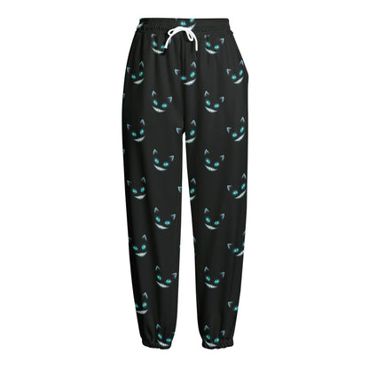 Black Cheshire Cat Pattern Print Fleece Lined Knit Pants