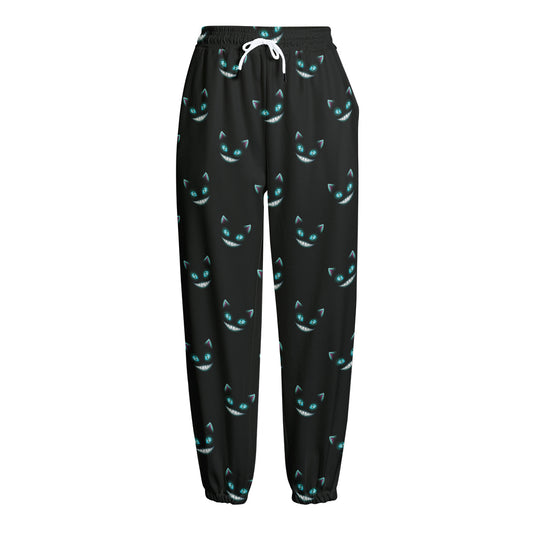 Black Cheshire Cat Pattern Print Fleece Lined Knit Pants