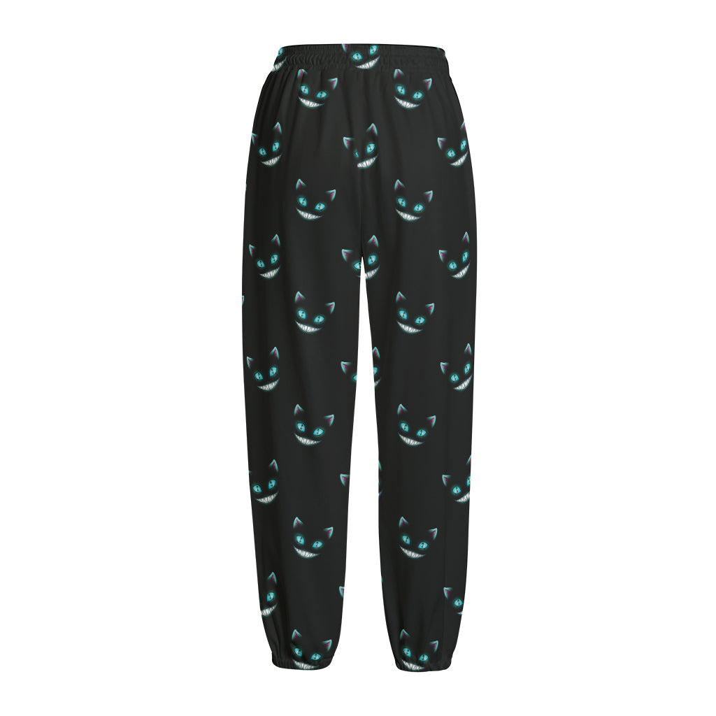 Black Cheshire Cat Pattern Print Fleece Lined Knit Pants