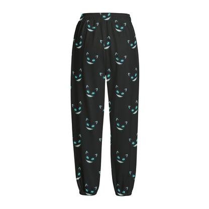 Black Cheshire Cat Pattern Print Fleece Lined Knit Pants