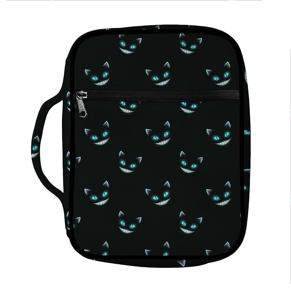 Black Cheshire Cat Pattern Print Front Pocket Bible Bag