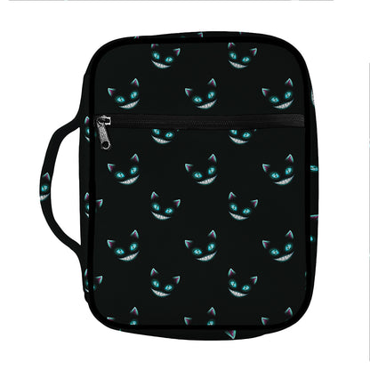 Black Cheshire Cat Pattern Print Front Pocket Bible Bag
