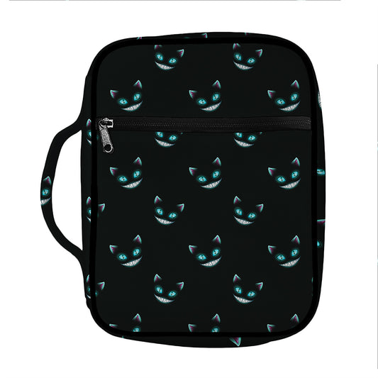 Black Cheshire Cat Pattern Print Front Pocket Bible Bag