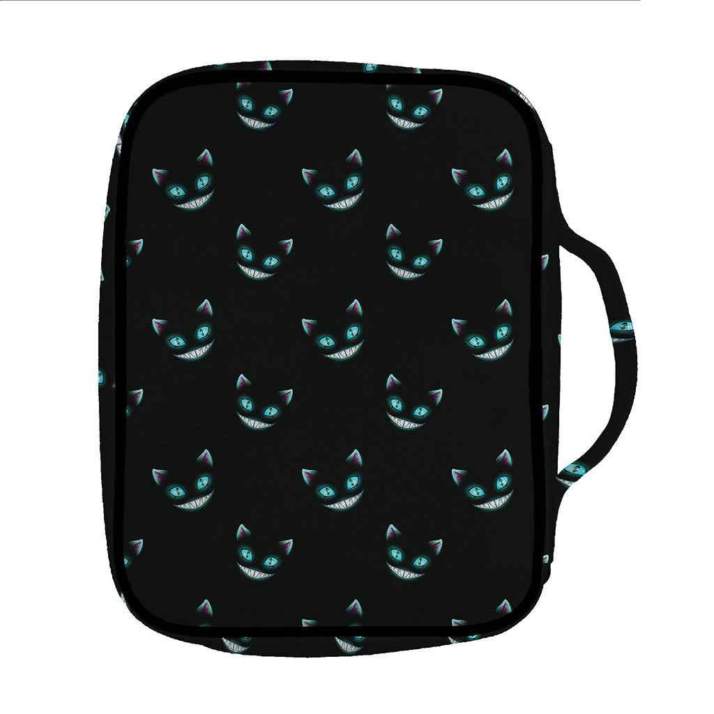 Black Cheshire Cat Pattern Print Front Pocket Bible Bag