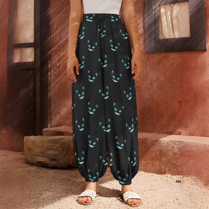 Black Cheshire Cat Pattern Print Harem Pants