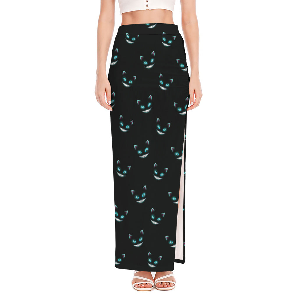 Black Cheshire Cat Pattern Print High Slit Maxi Skirt