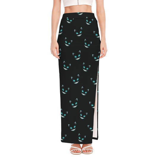 Black Cheshire Cat Pattern Print High Slit Maxi Skirt