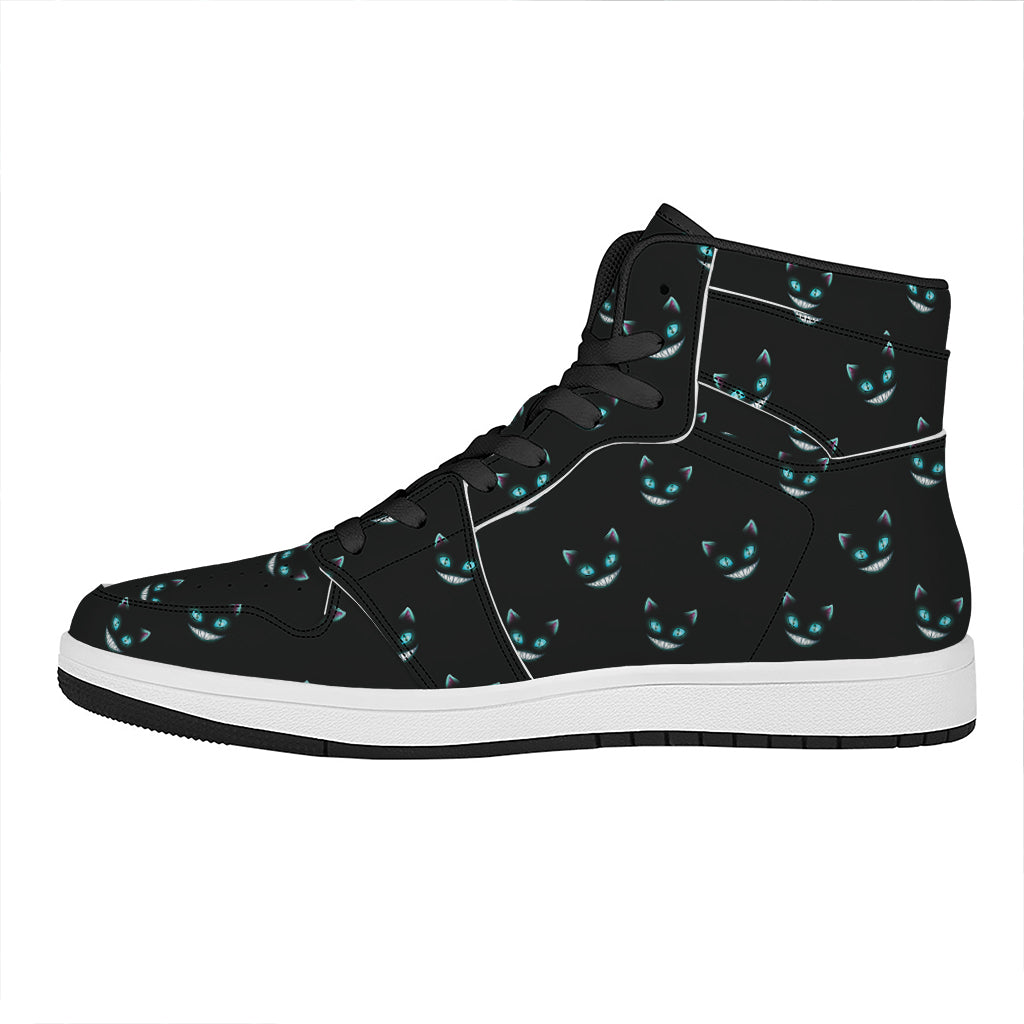 Black Cheshire Cat Pattern Print High Top Leather Sneakers