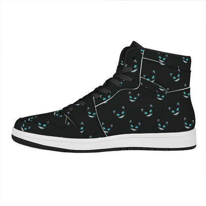 Black Cheshire Cat Pattern Print High Top Leather Sneakers