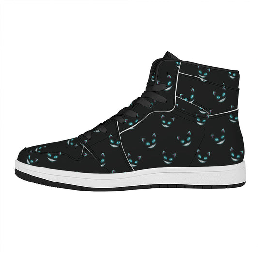 Black Cheshire Cat Pattern Print High Top Leather Sneakers