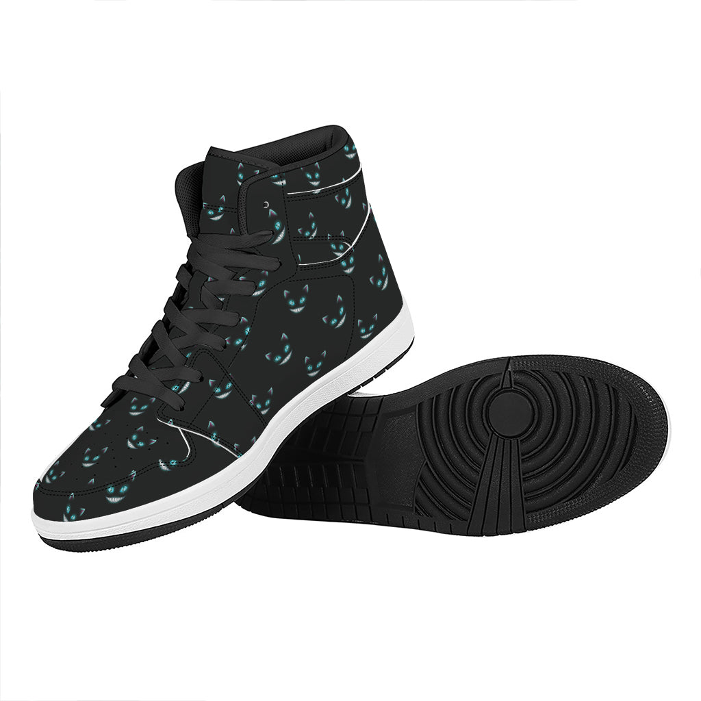 Black Cheshire Cat Pattern Print High Top Leather Sneakers